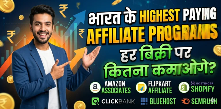7 Highest Paying Affiliate Programs in India list featuring Semrush, Shopify, and Hostinger with high per sale commission.