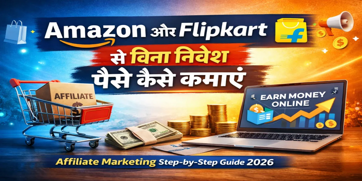 Amazon aur Flipkart se bina investment paise kaise kamaye affiliate marketing guide thumbnail image showing online earning concept