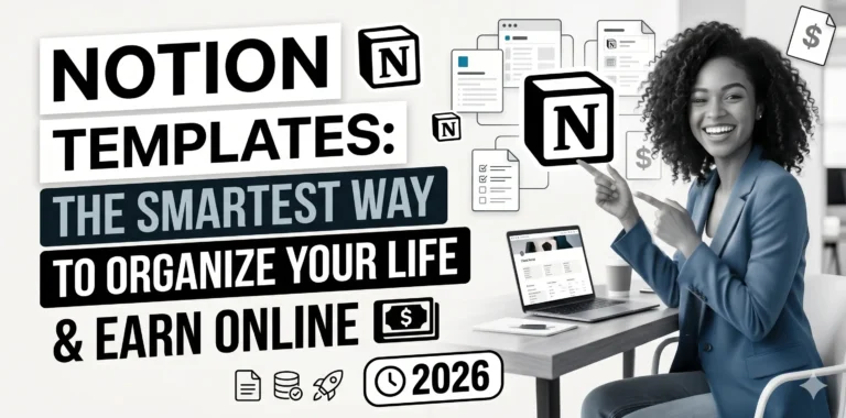 Notion templates dashboard showing productivity system, habit tracker and online earning workflow