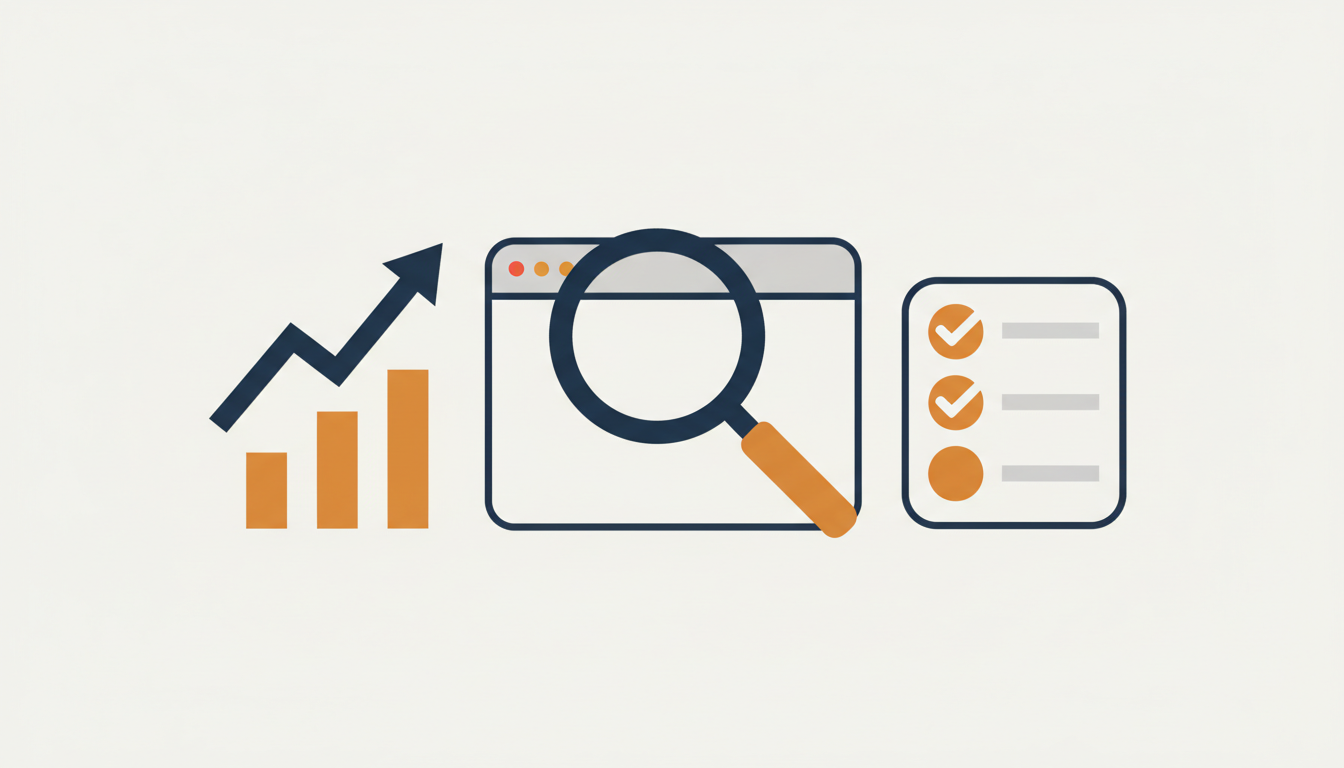 Google Search Console guide ka illustration: magnifying glass, growth chart aur checklist icons
