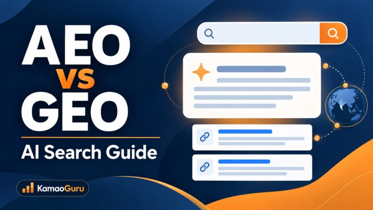 KamaoGuru AEO vs GEO AI Search Guide thumbnail with search, AI answer, and citation link cards