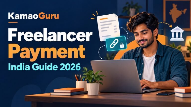 KamaoGuru thumbnail for freelancer payment methods in India, showing an Indian freelancer at a laptop with invoice and payment symbols.